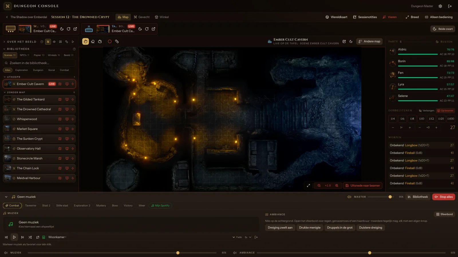 The Spellcue console during session 12: the scene library, the live battlemap, party hit points and the dice log.