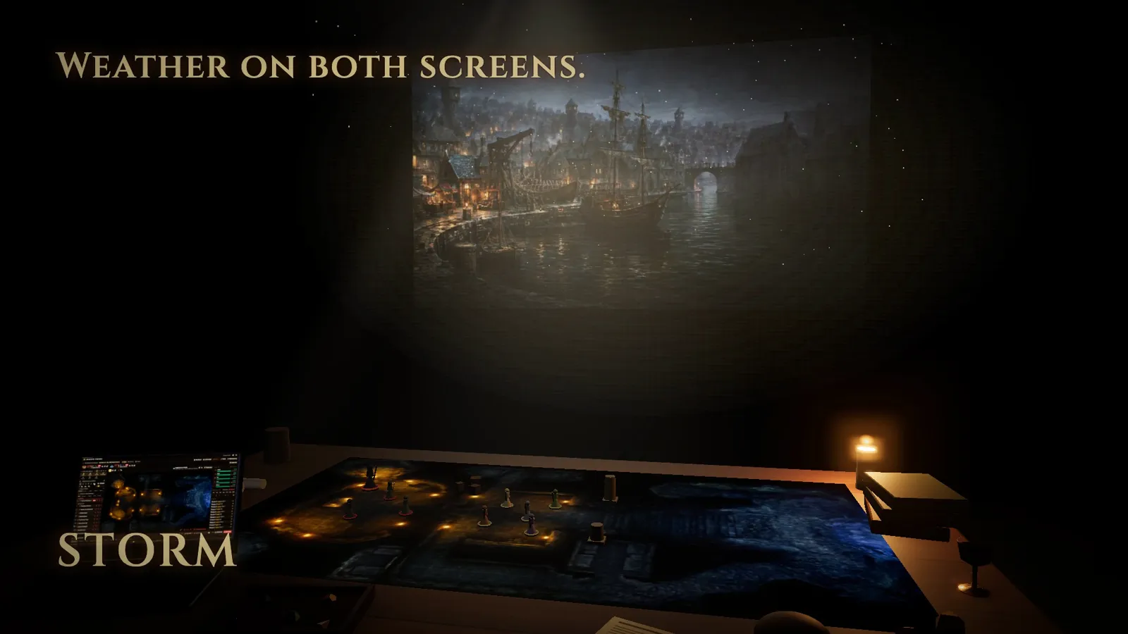 A storm on the wall projector while the table projector shows the battlemap below it, lit by a single candle.