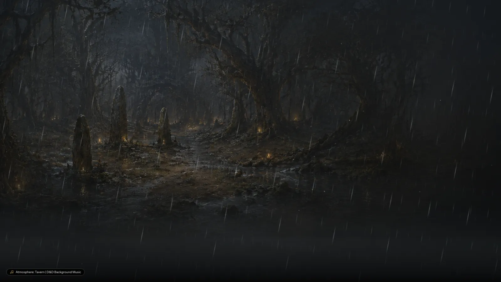 A rain-soaked forest of standing stones on the mood screen, with the current track in the corner.